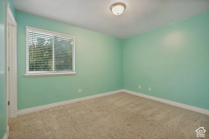 Window with blinds, wall-to-wall carpeting, overhead flush-mount light fixture, and baseboard trim