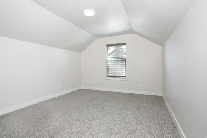 Vaulted ceiling with an overhead light fixture, light gray carpeting, and a window with blinds