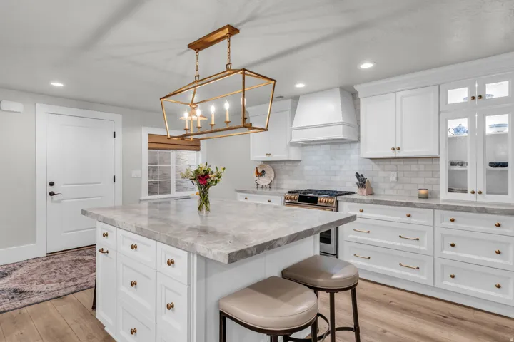 Basement kitchen with chandelier