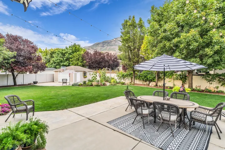 Expansive backyard oasis featuring a manicured lawn, mature landscaping with mixed deciduous and evergreen trees, concrete patio