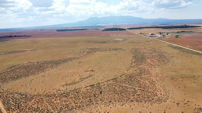 Expansive rural landscape featuring a distant mountain range, open terrain with varied vegetation, and a lengthy unpaved road