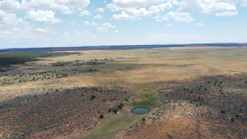 Expansive landscape featuring diverse terrain with arid brush, a large body of water, and distant tree lines