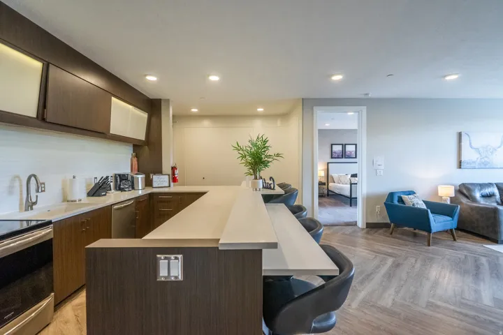 U-shaped kitchen featuring dark wood-finish cabinetry, light countertops, stainless steel appliances, and a white subway tile backsplash