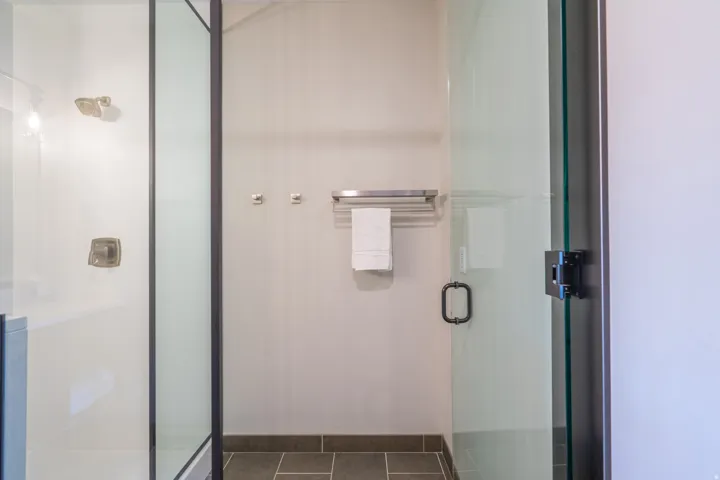 Modern shower enclosure featuring frameless glass panels with dark metal hardware, ceramic tile flooring, and brushed nickel fixtures including a rainfall showerhead and handheld spray