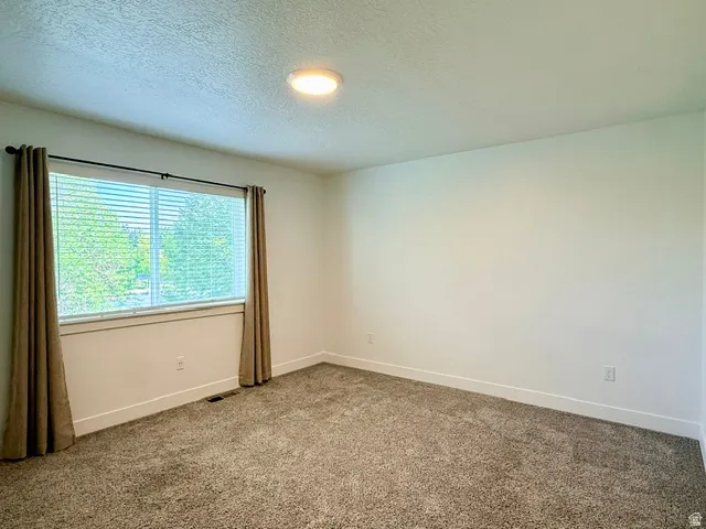Recessed lighting, neutral wall tones, window with blinds, and plush carpet flooring