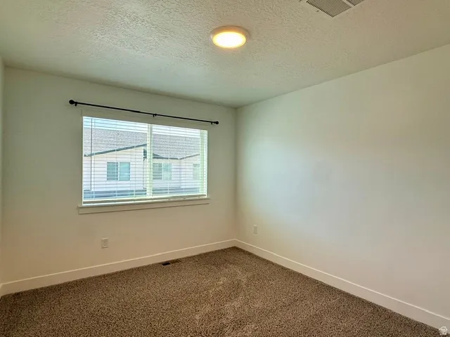 Neutral wall paint, textured ceiling, flush mount ceiling light, window with blinds, and carpet flooring