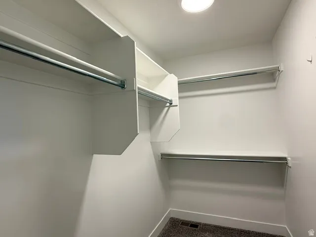 Spacious walk-in closet featuring dual hanging rods, multiple shelving systems, and recessed ceiling lighting for optimal organization and visibility