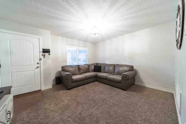 White paneled entry door, wood-finish flooring, textured wall finishes, and a single window with blinds
