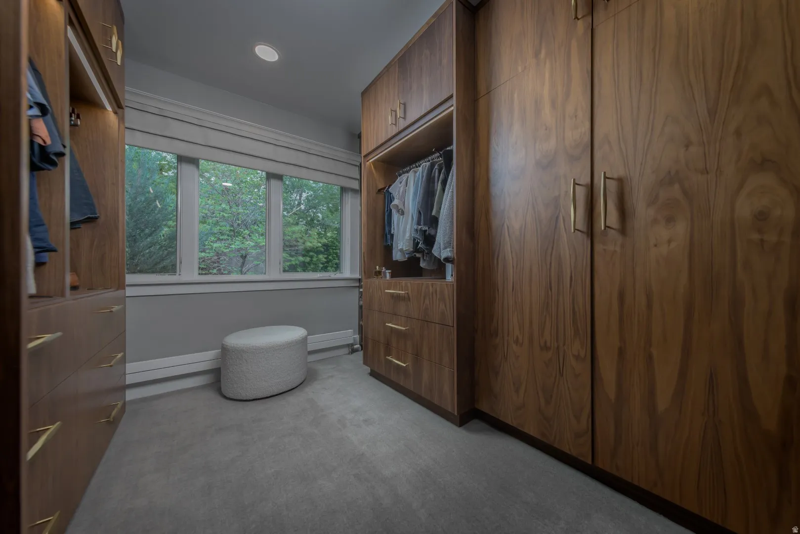 Primary walk-in. Custom built-in wood-finish cabinetry, recessed lighting, and carpeted flooring