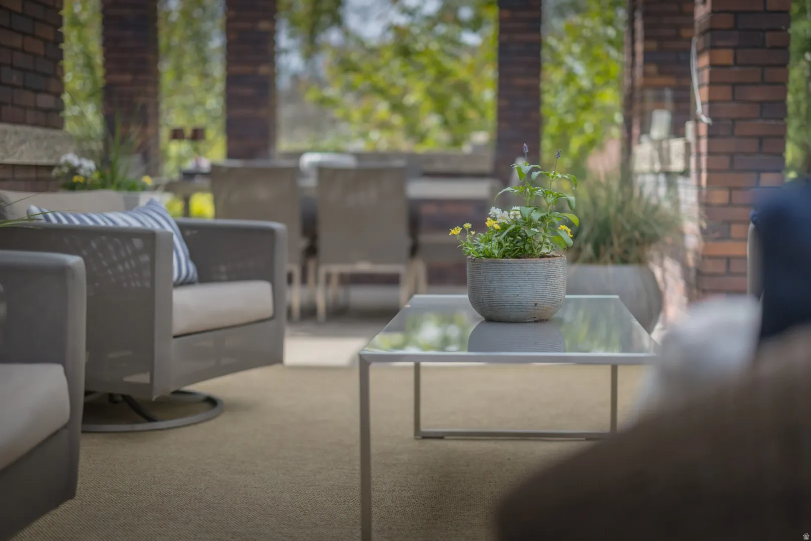 Brick columns framing an outdoor living area