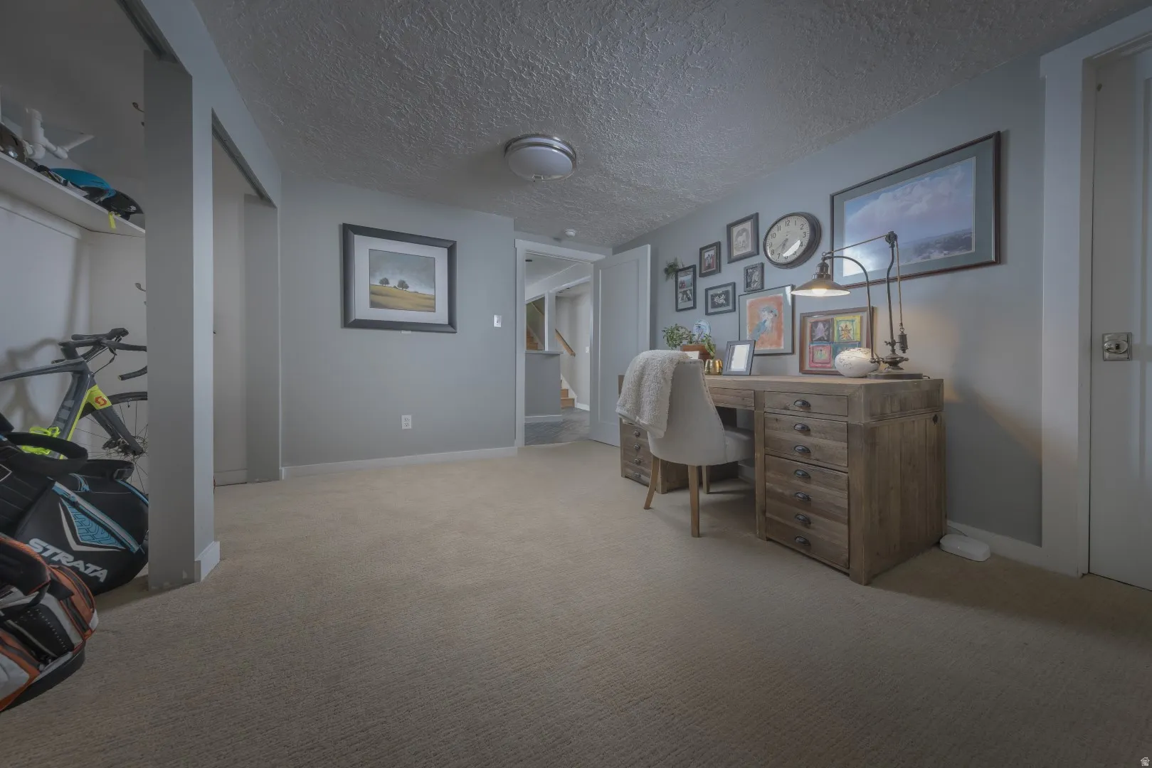 Carpeted flooring throughout, light gray wall color, and a built-in recessed storage area