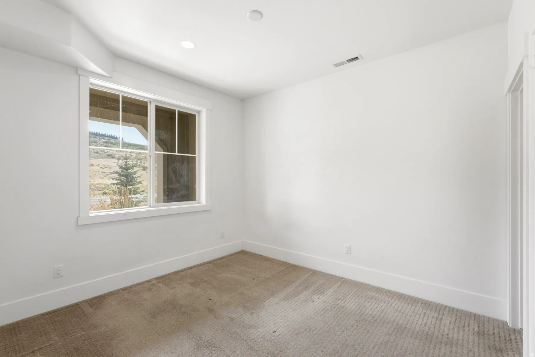 Recessed lighting, neutral wall finishes, carpeted flooring, and a large window with surrounding natural scenery