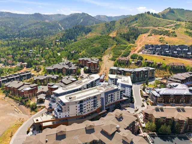 Expansive mountain setting featuring dense tree coverage and surrounding structures