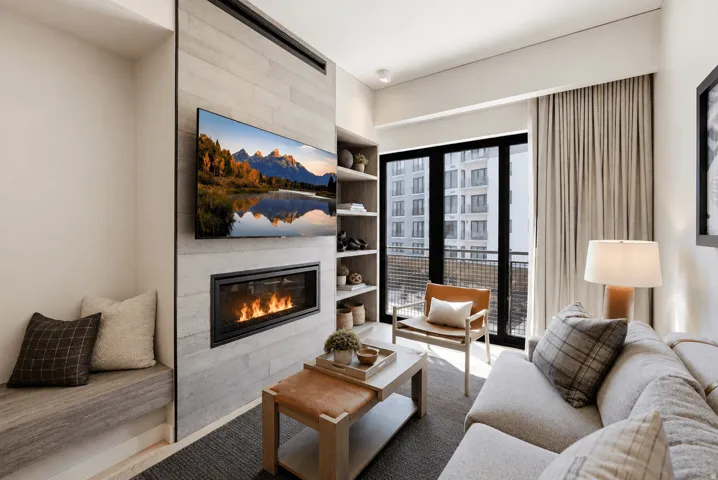 Built-in media console with linear fireplace and integrated shelving