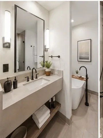 Integrated sink vanity with open wood shelving, framed mirror, wall-mounted sconces, and a freestanding soaking tub with a floor-mounted faucet