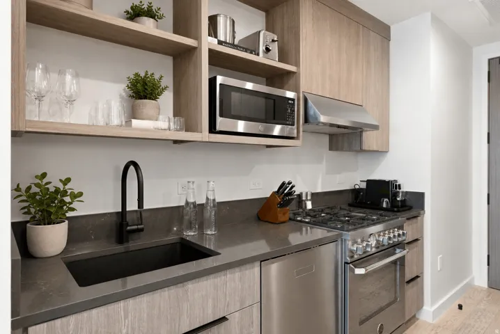 Integrated stainless steel range, built-in microwave, and dishwasher