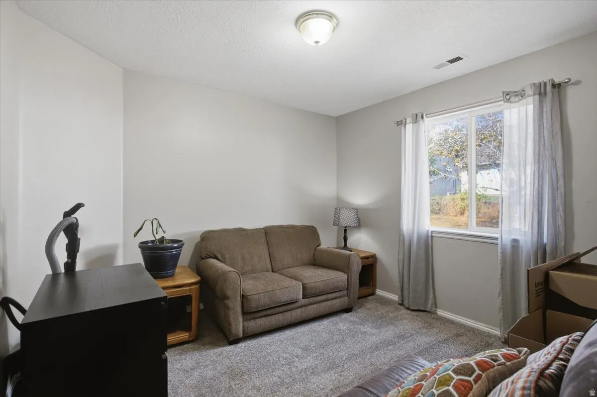 Recessed lighting, light-colored walls, window with natural light, and carpeting