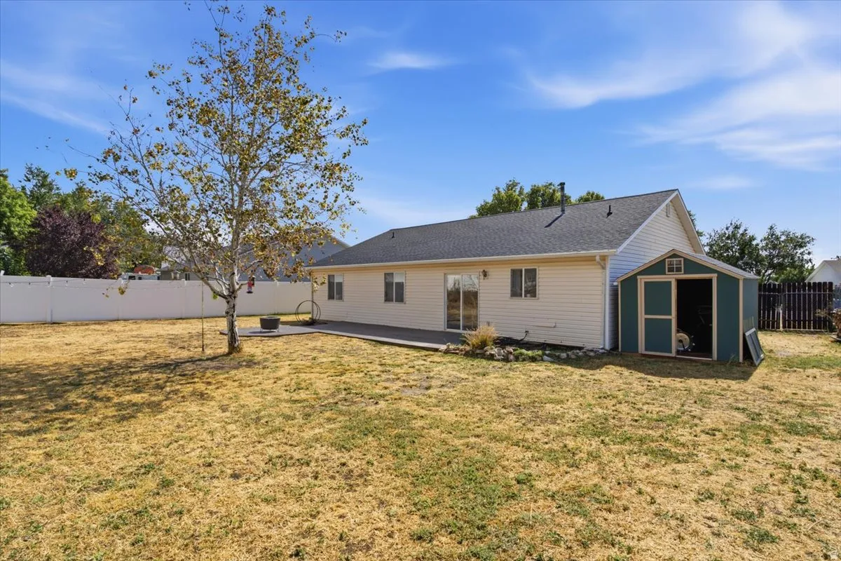 Expansive backyard featuring a concrete patio, mature tree, and a storage shed