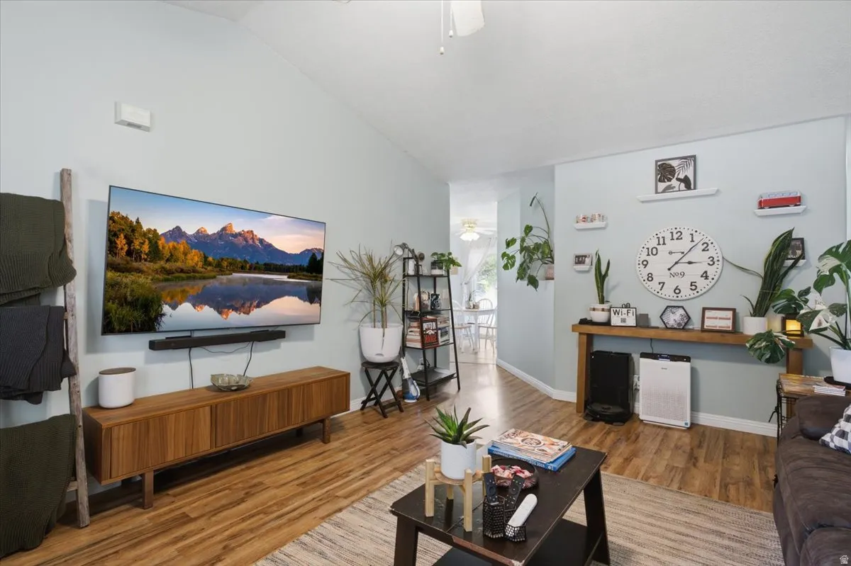 Vaulted ceiling with wood-finish flooring