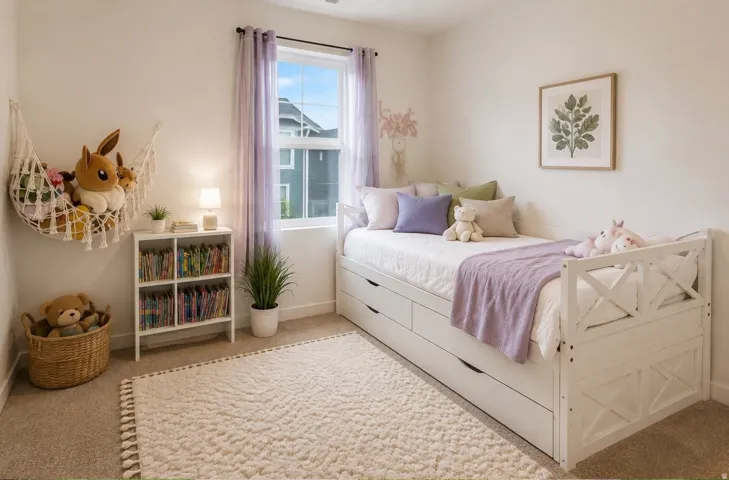 Bright bedroom featuring a white wooden bed frame with integrated storage drawers, built-in shelving with cubbies for books and décor, large window with natural light, neutral wood-finish flooring, and a coordinating area rug defining the sleeping space
