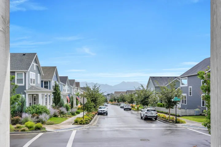 Residential street with diverse architectural styles, featuring mature landscaping and mountain scenery