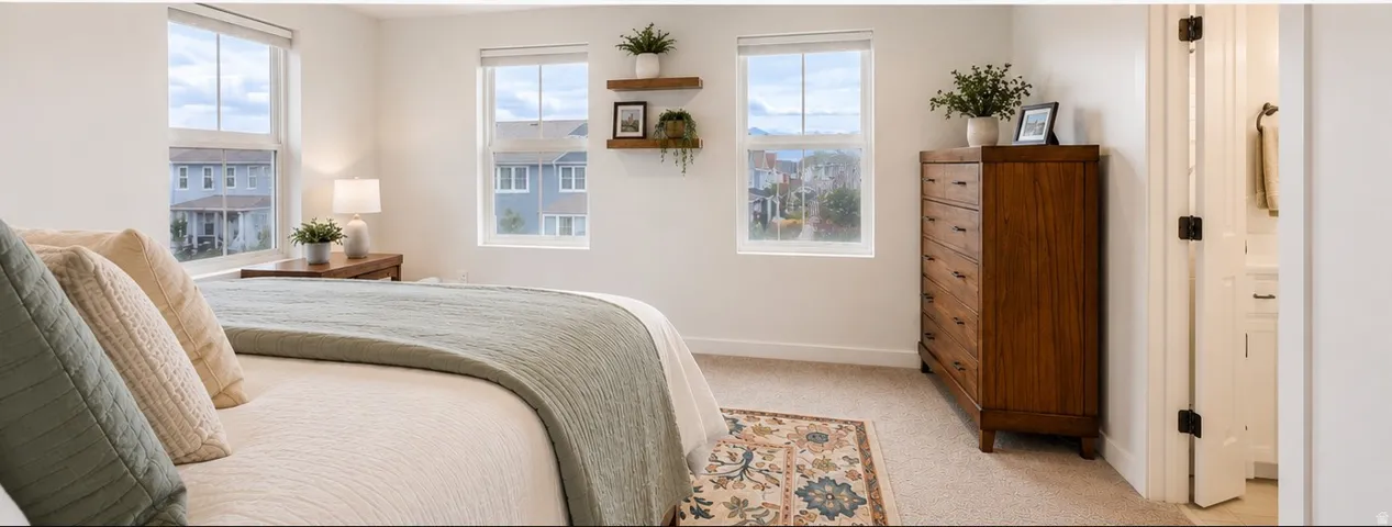 Plush carpeting, two large windows, wood-finish shelving, and a wood-finish dresser