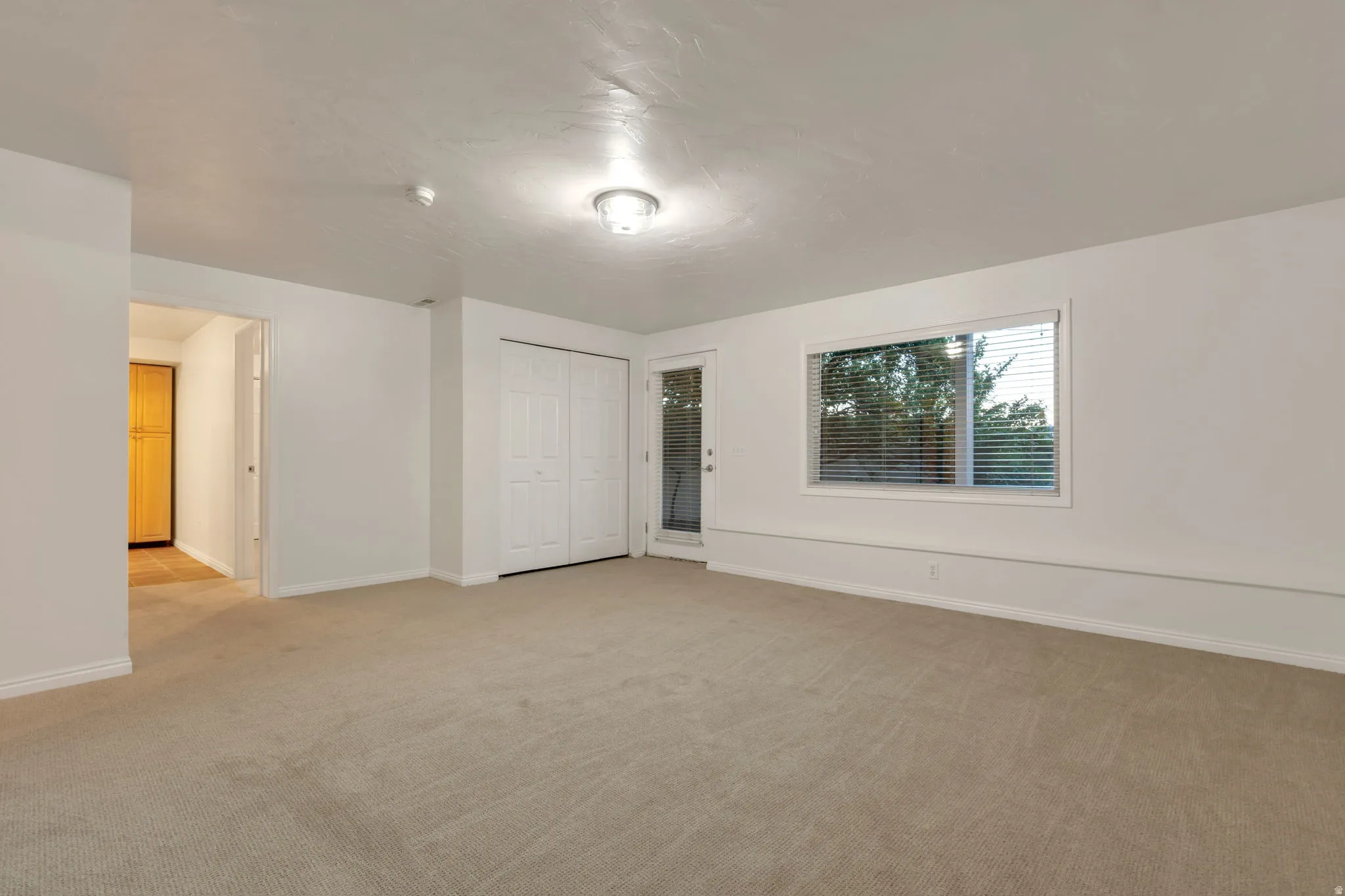Carpeted living area with white walls, a single window, an exterior door, and a bi-fold closet