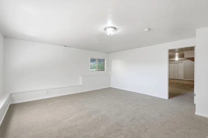 Recessed window, neutral wall paint, flush mount ceiling light, and carpeted flooring
