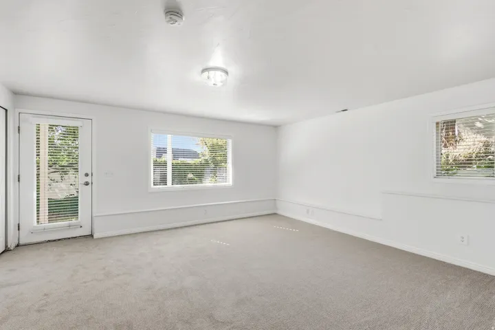 Light-colored carpeting, white walls, and a glass-paneled door with integrated blinds