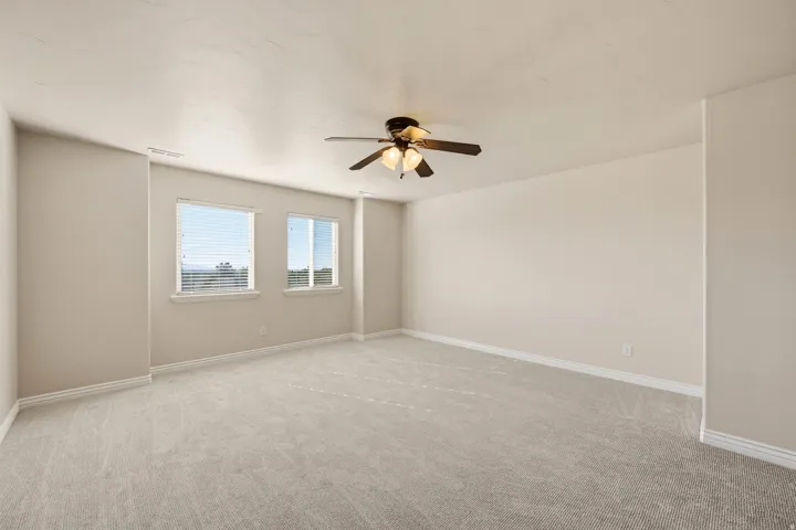 Neutral-toned walls complement the light-colored carpet flooring