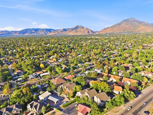 Expansive residential area with mature trees, established homes, and distant mountain backdrops