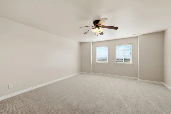 Neutral-toned walls complement the light-colored carpeting