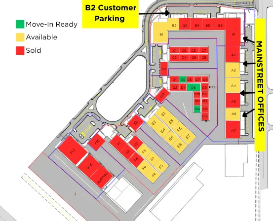 Site Plan. Illustrating the status of units as move-in ready, available, or sold, with designated customer parking and office sections