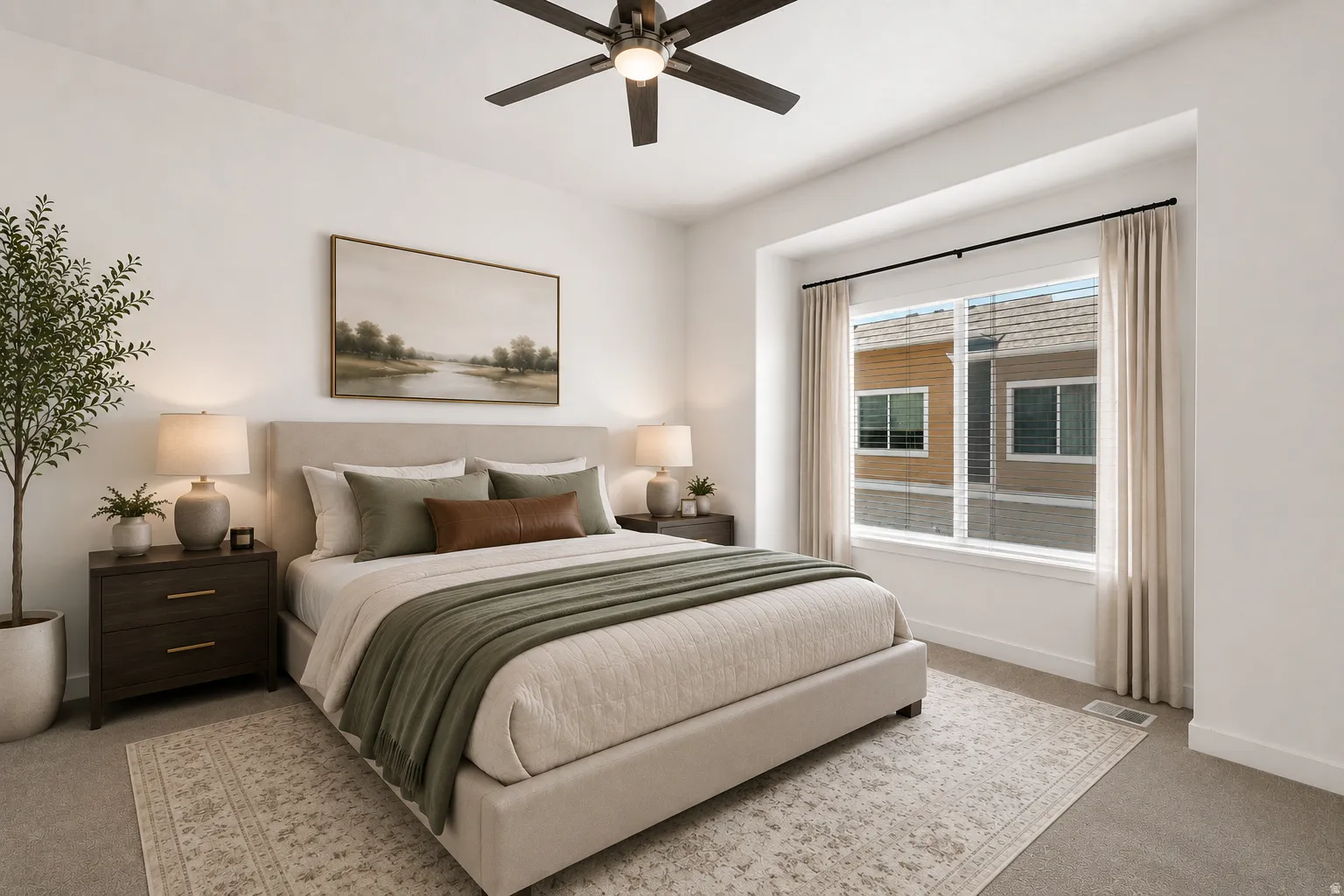 Recessed window, ceiling fan, carpeted flooring, window blinds, and drapery rod