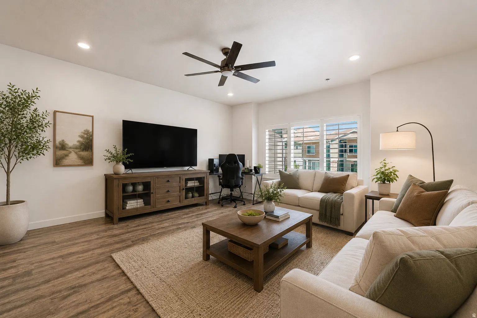 Open-concept living space featuring wood-finish flooring and recessed lighting
