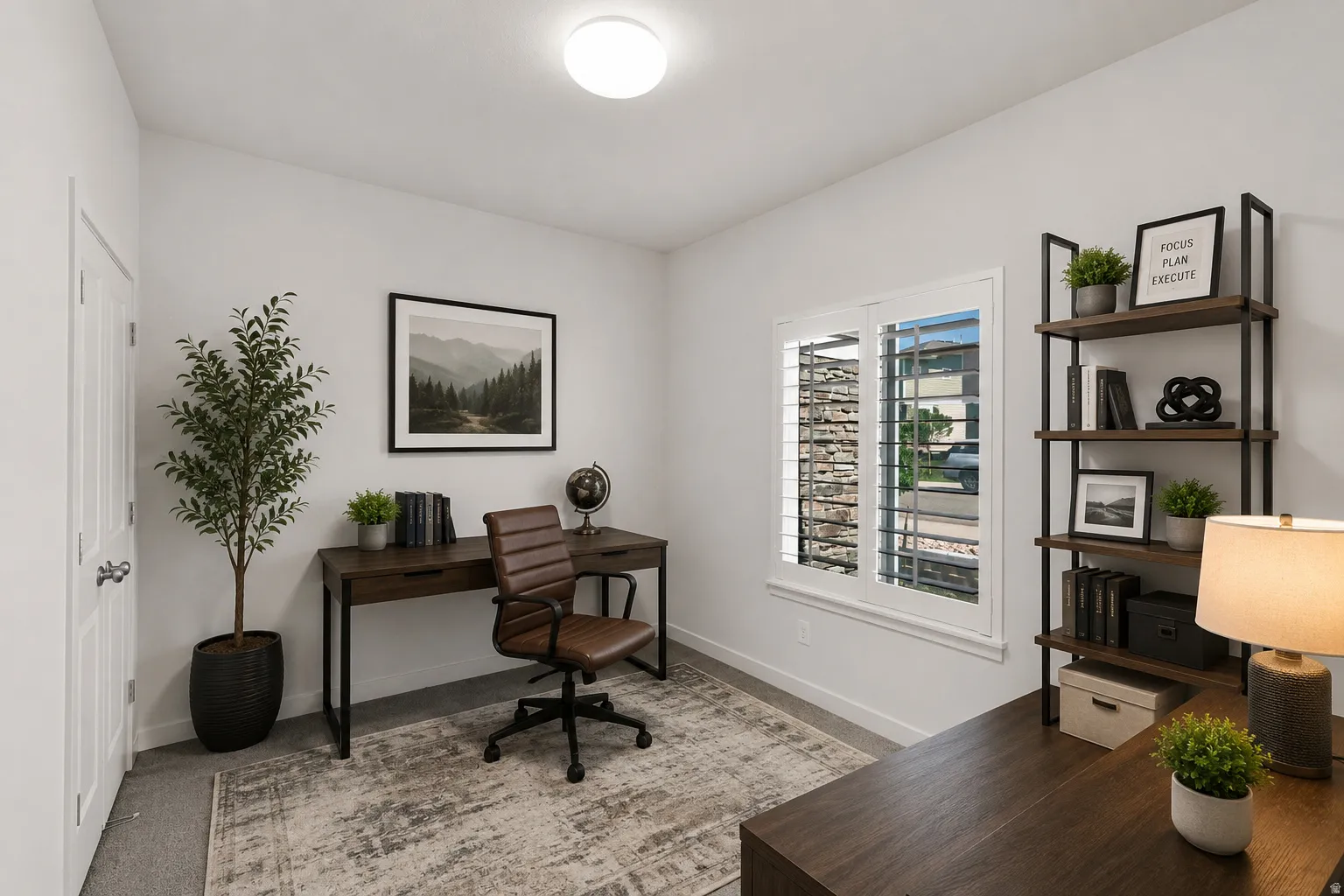 Window with plantation shutters, light-toned wall finishes, overhead flush mount lighting, and wood-finish office furniture