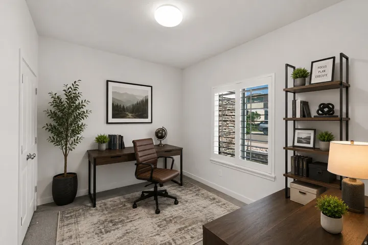 Window with plantation shutters, light-toned wall finishes, overhead flush mount lighting, and wood-finish office furniture