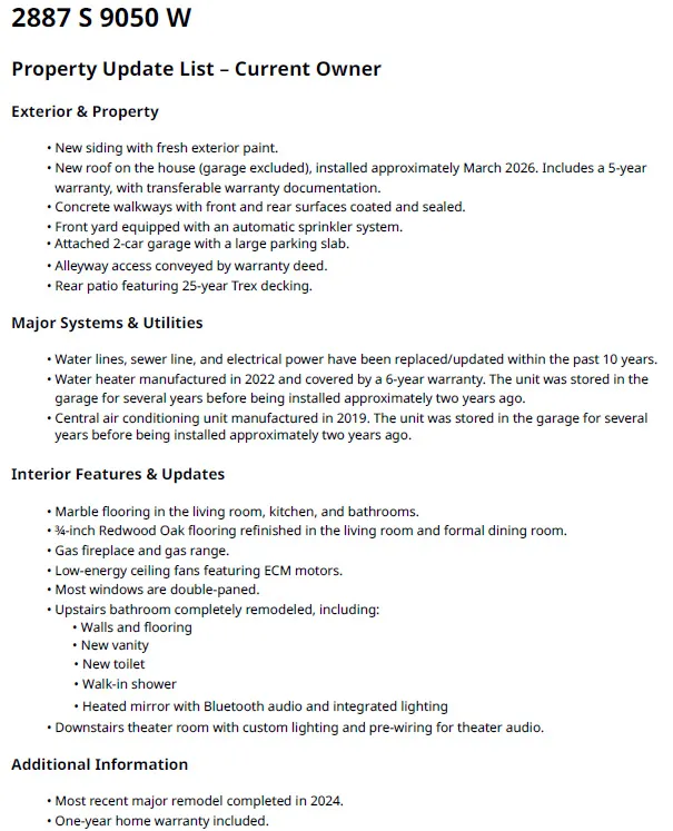 Property Update List. Detailing improvements and updates to the property's exterior, interior, systems, and utilities