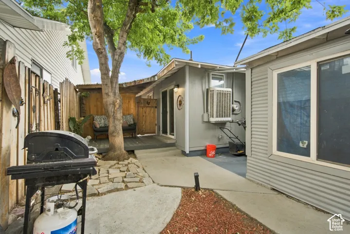 Entertainment area in backyard with storage