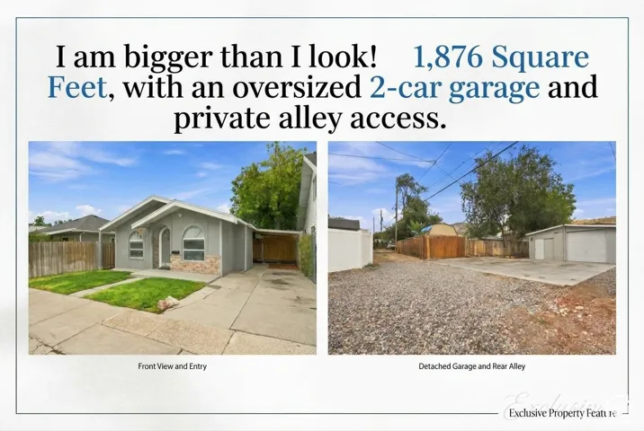 Front of home with carport and back yard with 2 car garage and alley way access