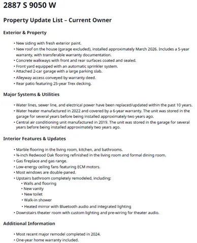 Property Update List. Detailing improvements and updates to the property's exterior, interior, systems, and utilities