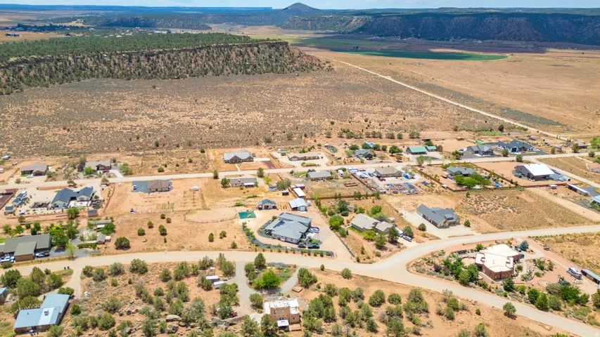 Aerial perspective showcasing a residential community with varied architectural styles, surrounded by arid landscape and distant bluffs