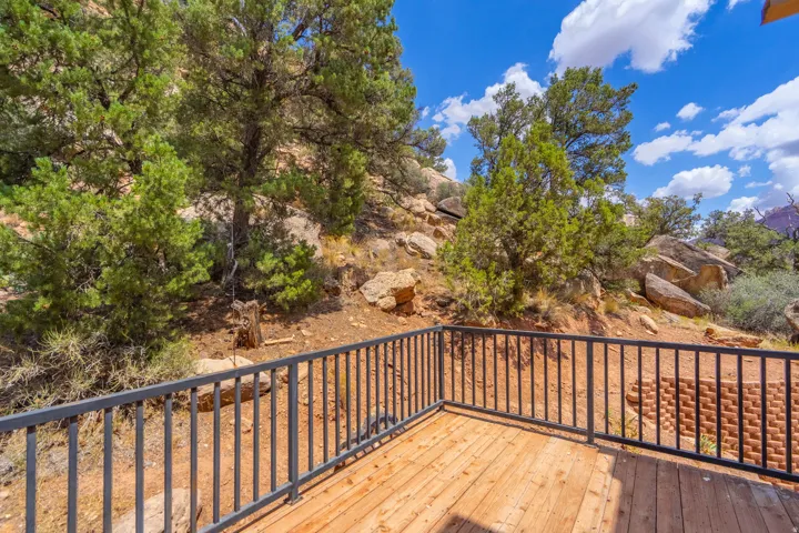 Wood-finish deck with metal railings and a natural rock and vegetation backdrop
