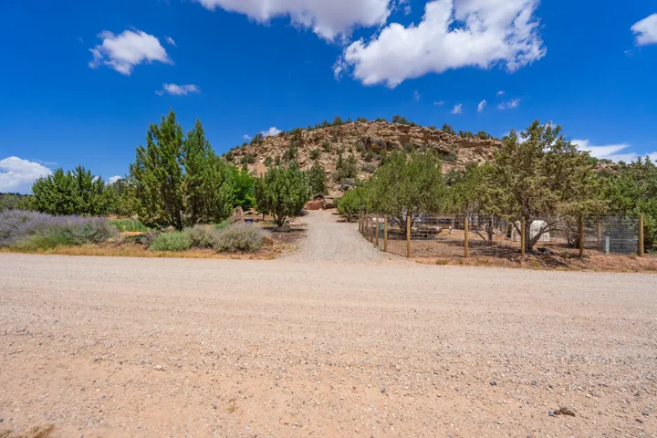 Gravel driveway with natural landscaping and fenced areas, featuring mature trees and a desert hillside backdrop