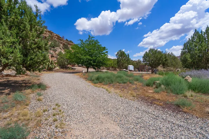Gravel drive leading to a natural landscape with mature trees and rock formations