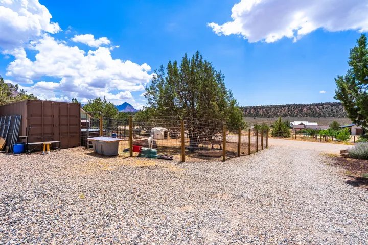 Gravel driveway leading to the property, featuring a fenced enclosure and mature landscaping