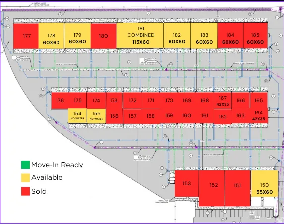 Site Plan. Illustrating the status of individual units, including dimensions and availability indicators