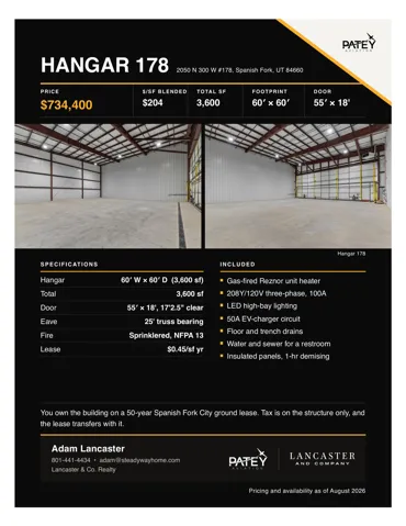 Real Estate Listing. Detailing property specifications, pricing, and contact information for Hangar 178