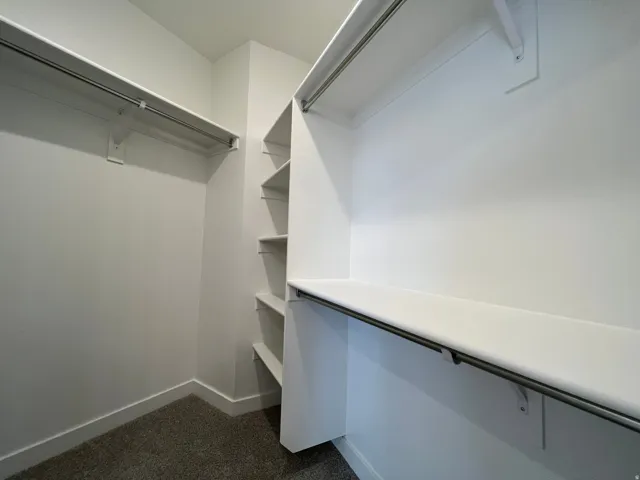 Walk-in closet featuring white built-in shelving, hanging rods, and carpet flooring