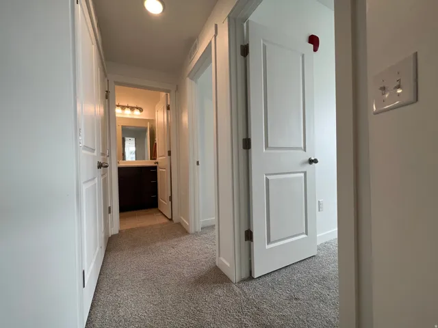 Recessed ceiling lighting, textured carpeting, panel doors, and a bathroom with a dark wood-finish vanity